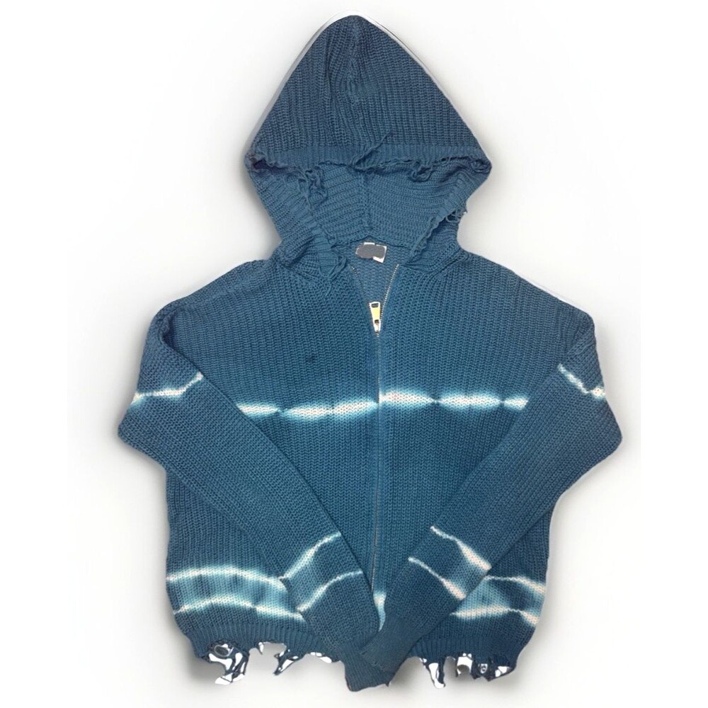 Elan Tie Dye Zip Up Hoodie Sweater Teal Distressed Knit Women’s M